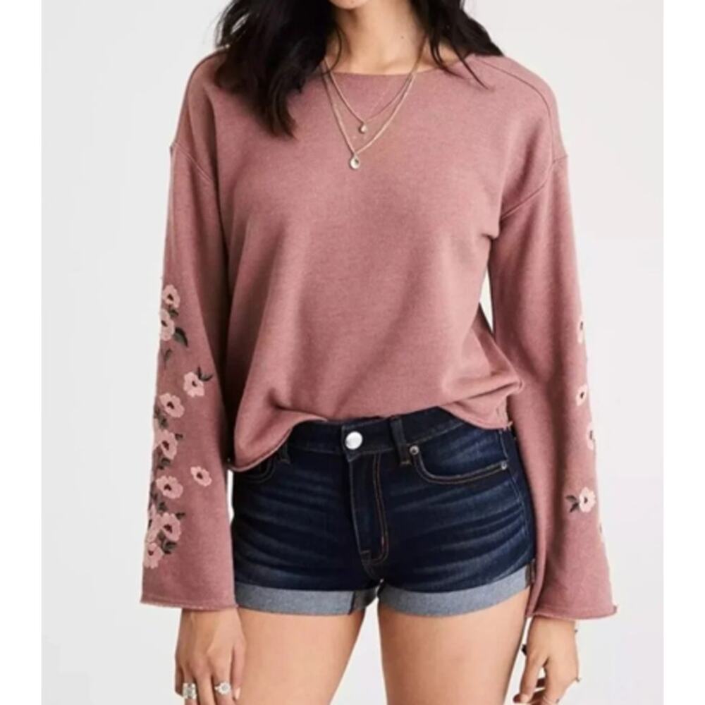 American Eagle Crop Sweatshirt Bell Sleeve Floral Embroidered Size XS